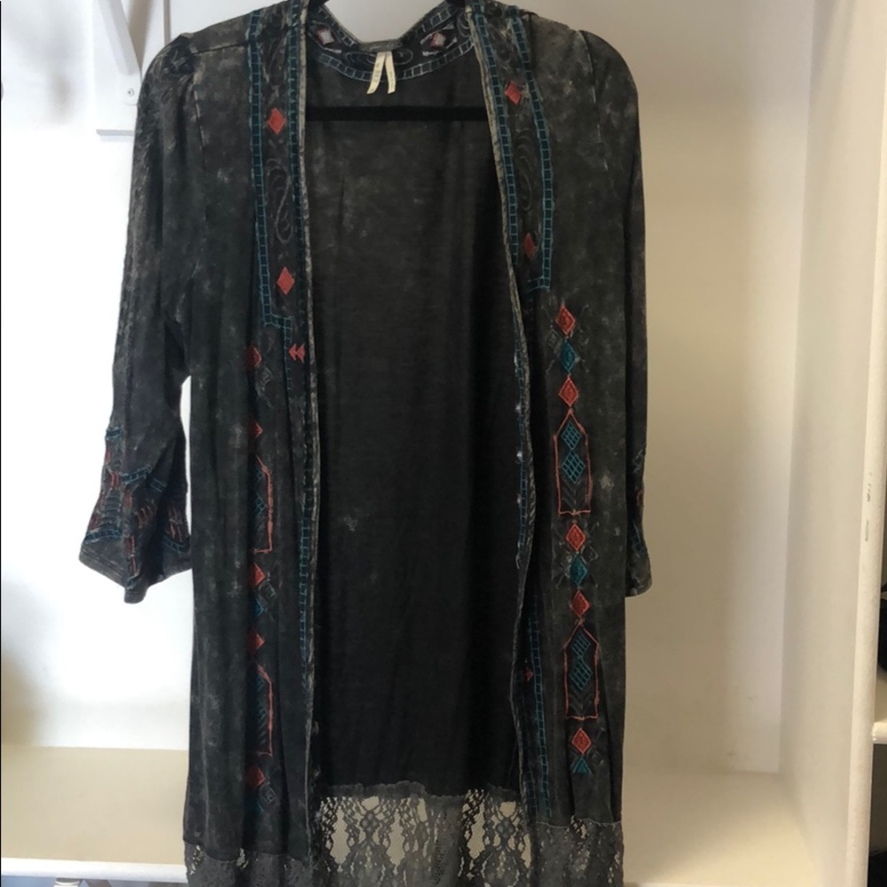 Long black lace trim cardigan with stitching